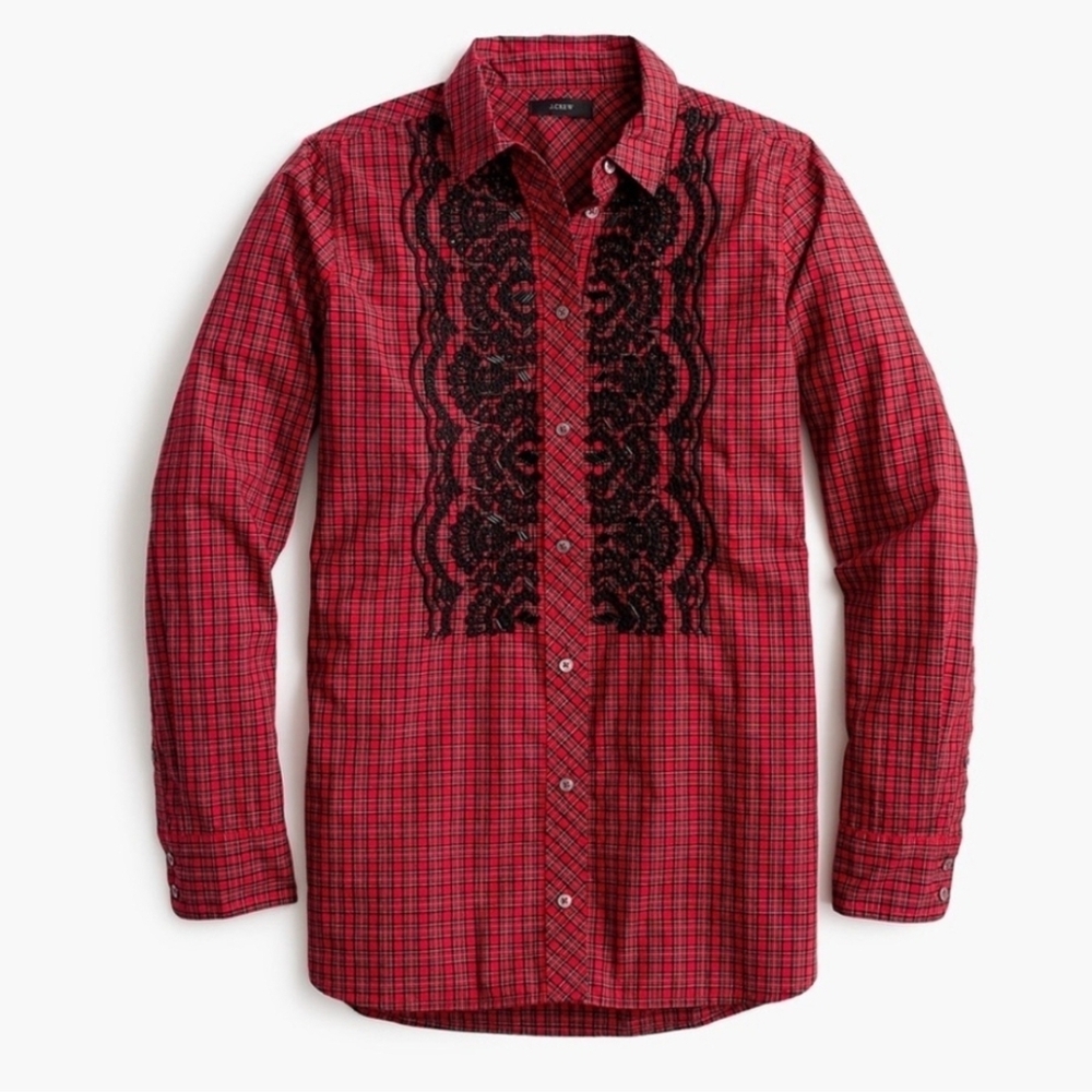 J. Crew Red and Black Lace Detail Shirt - Picture 3 of 6
